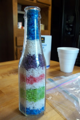 Make Sand art with edible colored rice in a bottle.