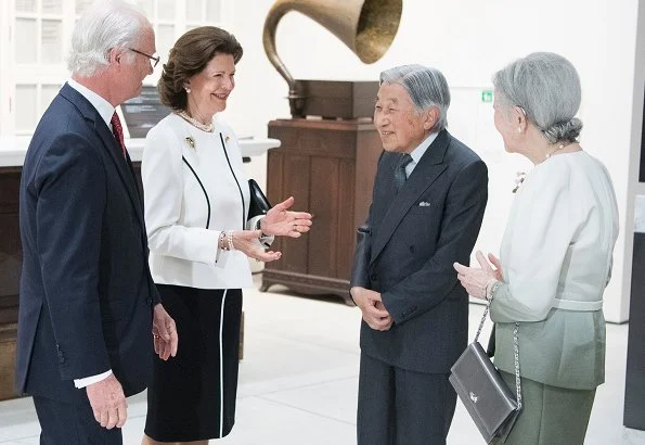 King Carl Gustaf, Queen Silvia of Sweden, Japan's Emperor Akihito and Empress Michiko visited Art of Natural Science exhibition at JP Tower Museum