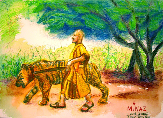 Tiger Temple watercolor pencil on watercolor paper by Minaz Jantz
