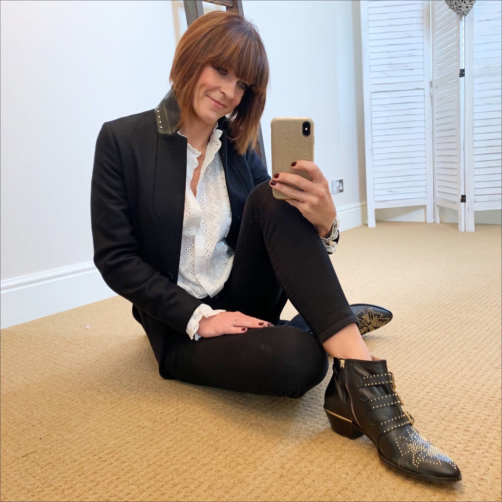 my midlife fashion, chloe susanna studded leather ankle boots, zara embroidery blouse, all saints leni stud coat, j crew 8 stretchy toothpick skinny jeans in true black