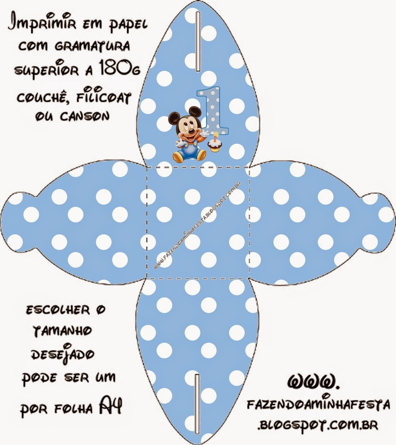 Mickey Primer Año con Lunares: Cajas para Imprimir Gratis. You can use this box for chocolates, candies or cupcakes of First Year of Mickey with Polka Dots