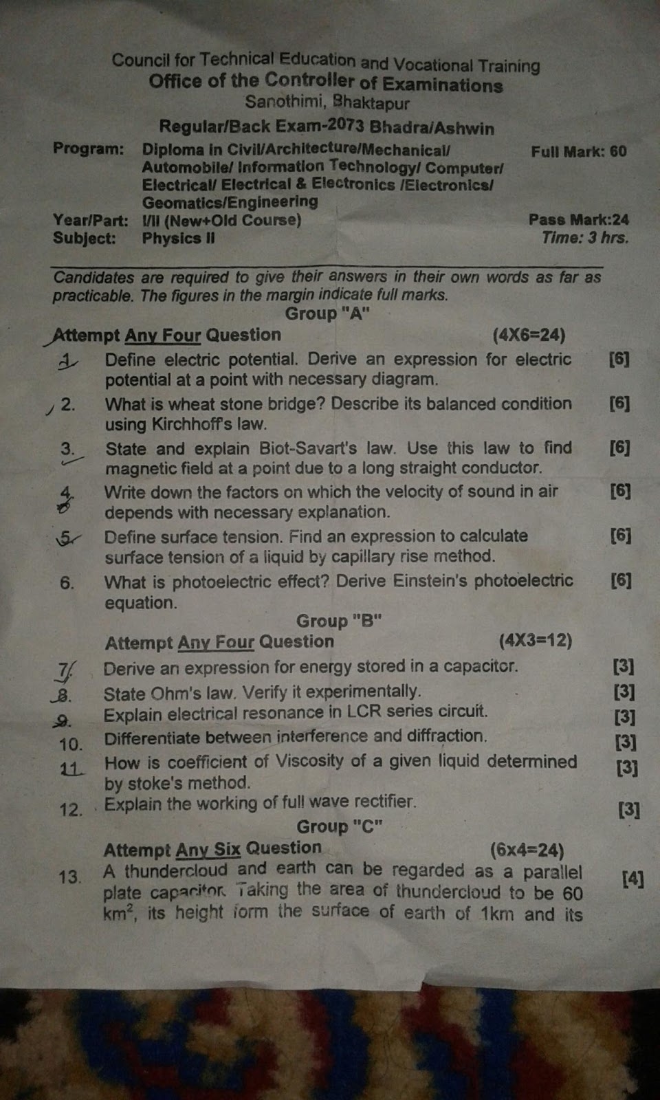 CTEVT Engineering PhysicsII Question Paper 2073 Diploma 1st