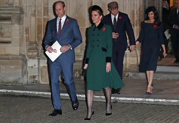Kate Middleton, Meghan Markle, Prince William, Prince Harry, Queen Elizabeth attend Armistice Day 2018. Catherine Walker coat