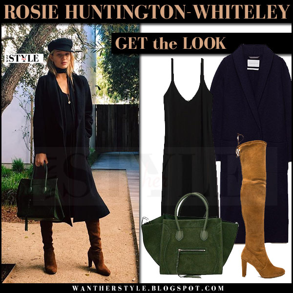 Rosie HuntingtonWhiteley in black coat and brown suede boots in Los