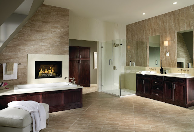 Porcelain tile is both beautiful and practical in this large bathroom