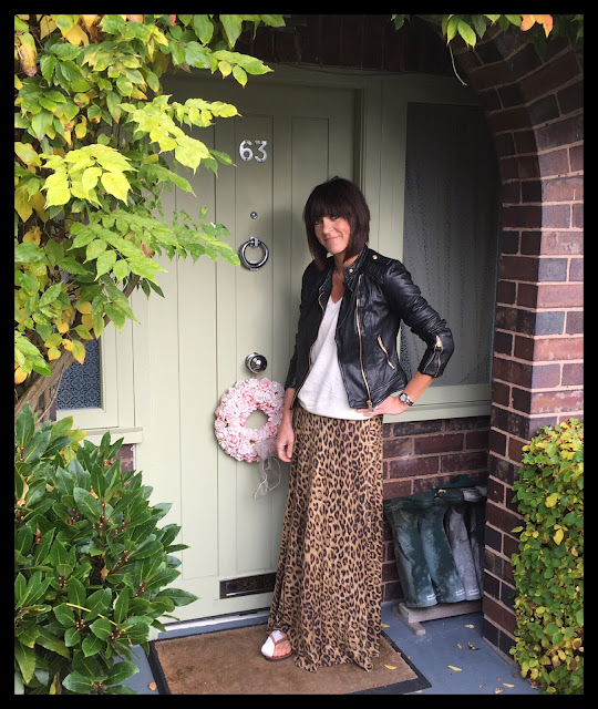My Midlife Fashion, Zara Leather Biker Jacket, Leopard Print, Animal Print Maxi Skirt, Gap Merino Wool Jumper