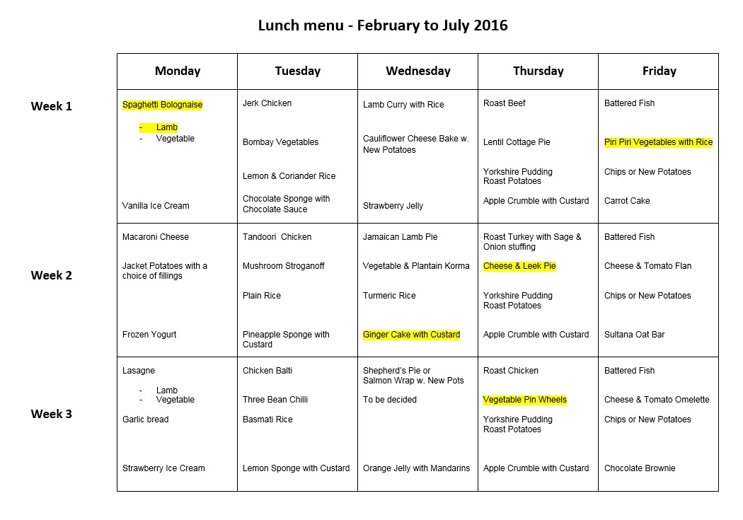 Year 6 Hill Mead Primary School School lunch menu
