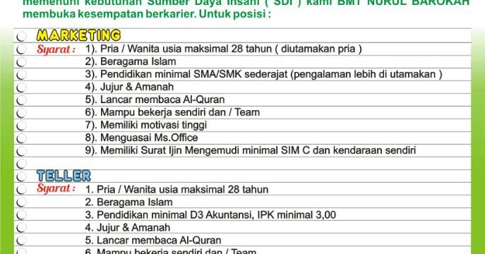 Lowongan Pekerjaan BMT Nurul Barokah Perhimpunan BMT