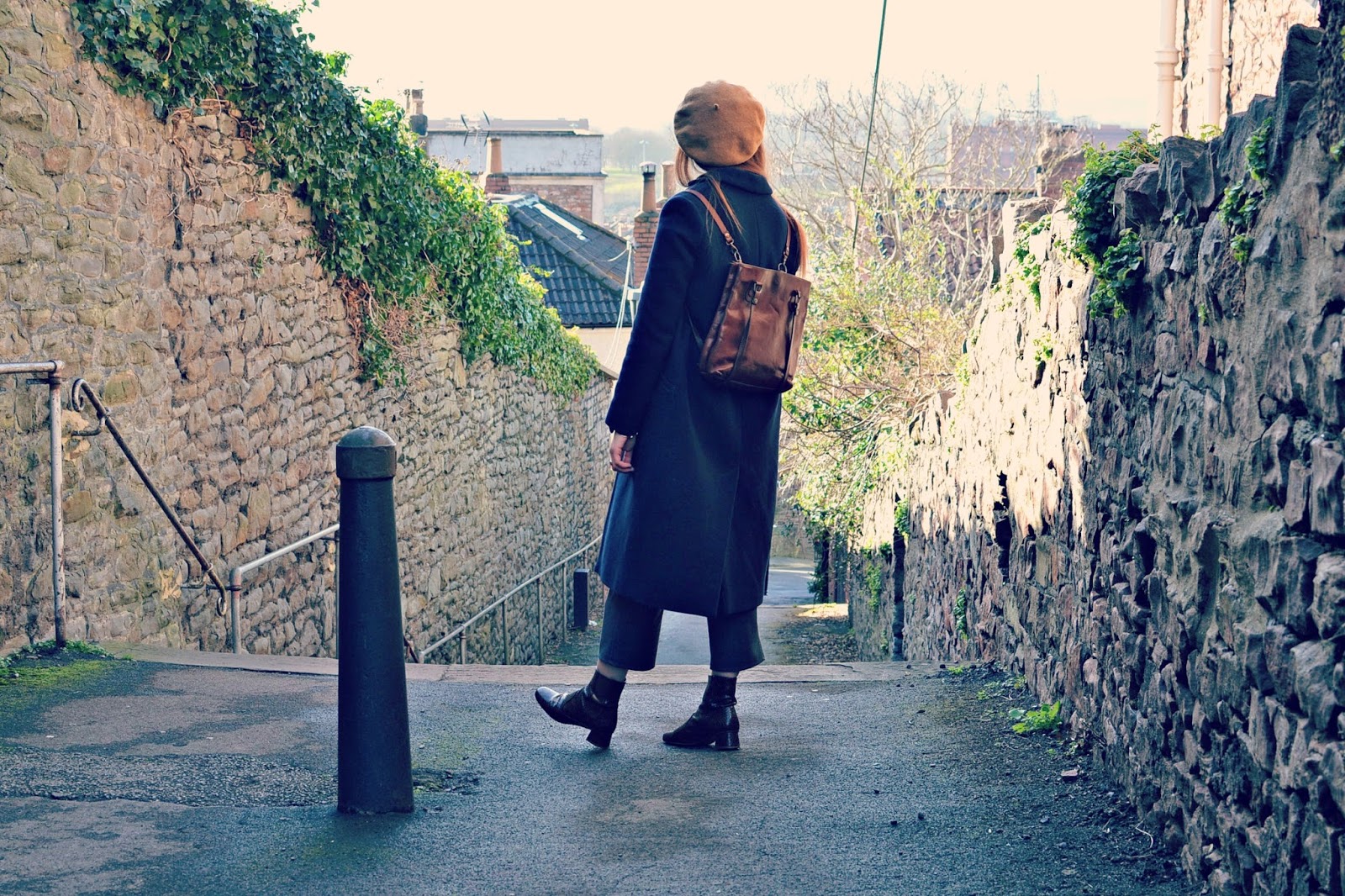 vintage backpack, whistles coat, vintage beret