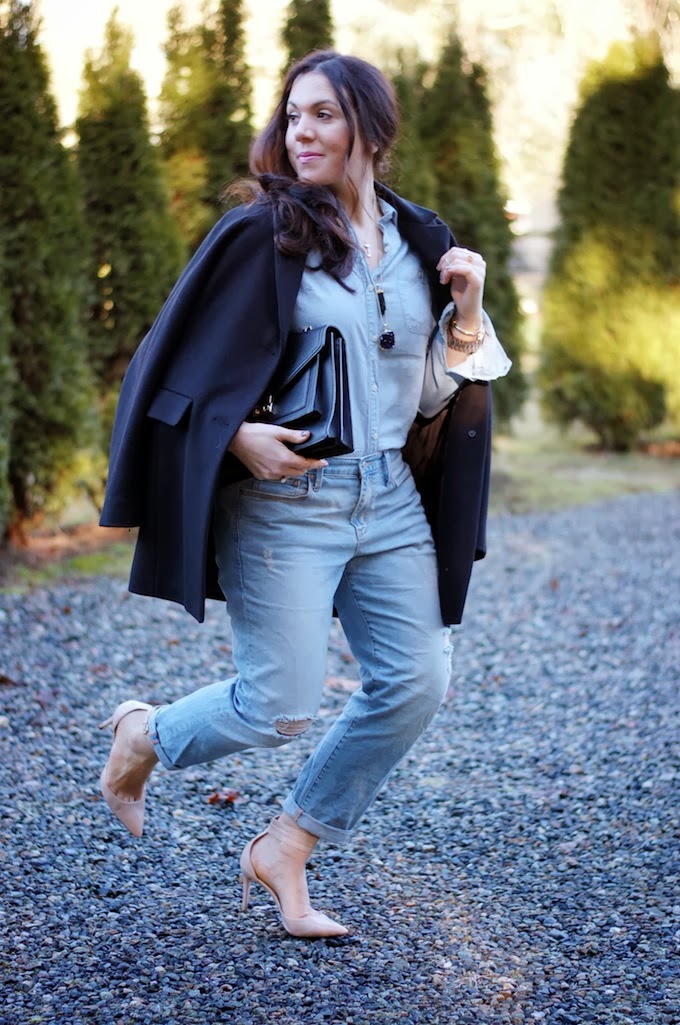 Gap boyfriend jeans and Old Navy chambray shirt