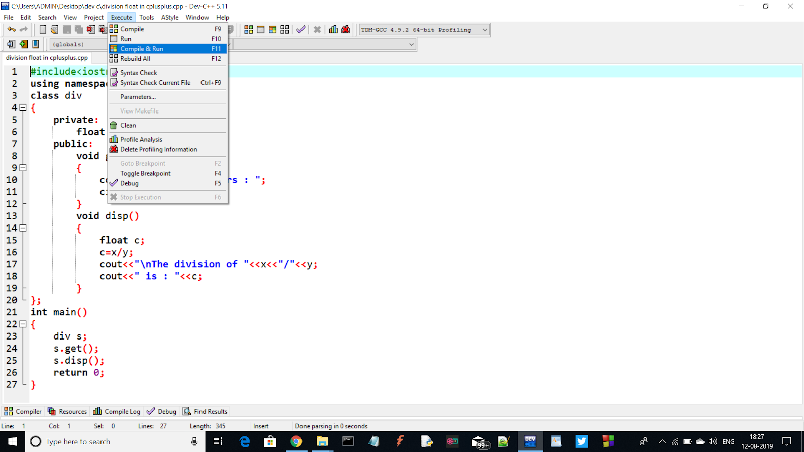 Float division in C++ without and with Class
