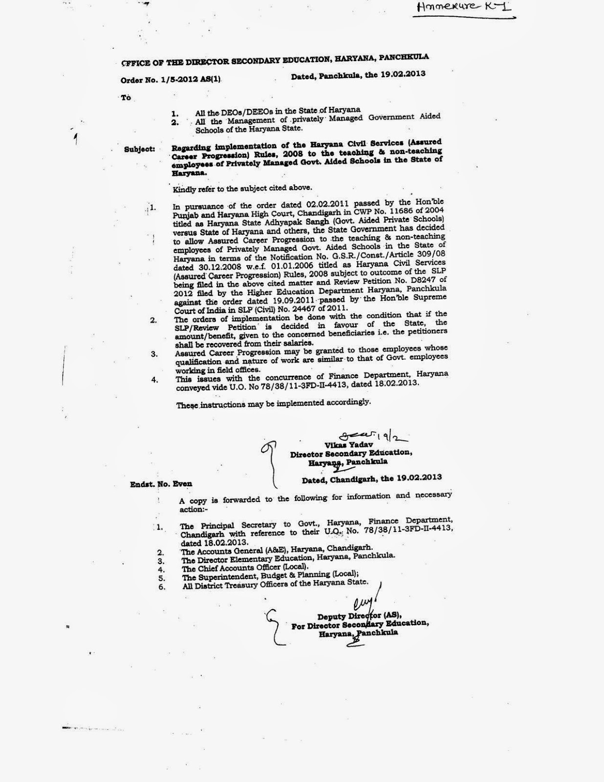 Regarding implementation of the Haryana Civil Services (A.C.P. Assured