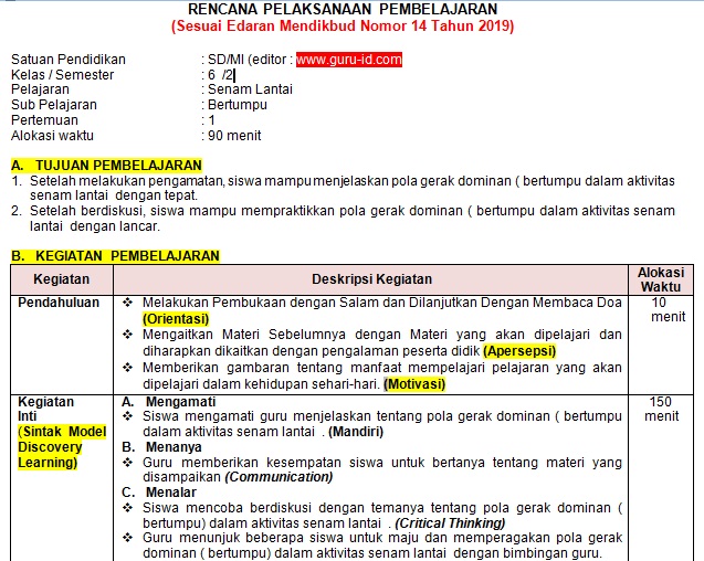 RPP Satu Lembar PJOK SD k13 kelas 6 Revisi 2020 Modul Ajar Kurikulum