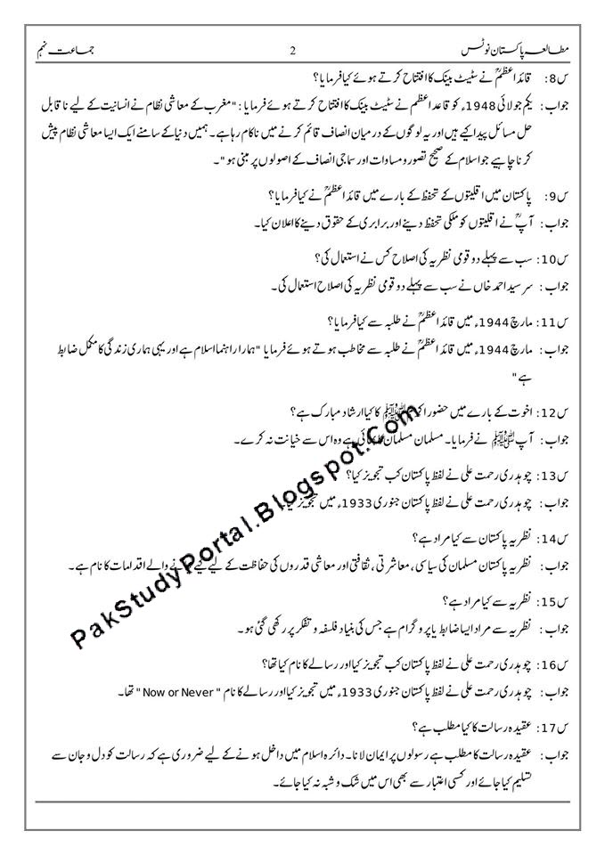pakistan studies 9th class best notes in urdu