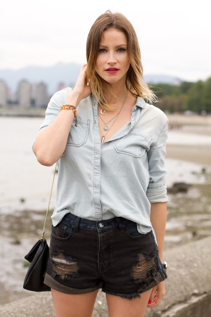 Vancouver Fashion Blogger, Alison Hutchinson, wearing One Teaspoon Hawks denim cut off shorts in black and blue, Urban Outfitters Chambray Top, Zara burgundy ankle strap pumps, Tiffany, La Dama and Pyrrha Necklaces, Stella & Dot and True Worth Design Bracelets, H&M black leather bag