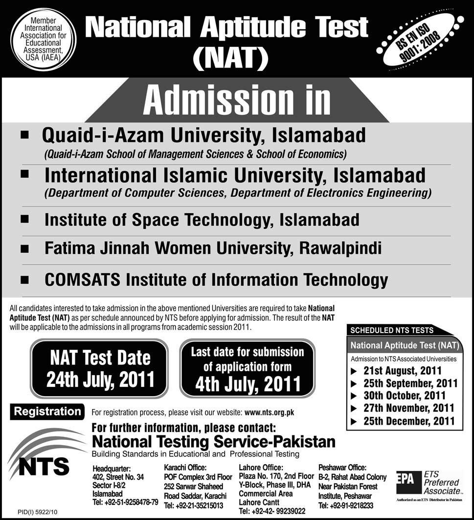 Admission In Pakistan National Aptitude Test NAT For 2011