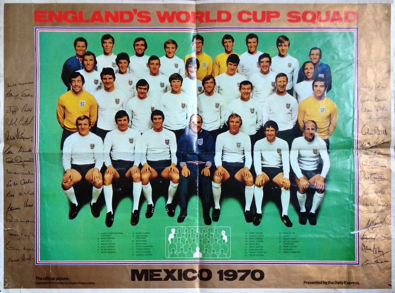 1970 Mexico World Cup England Poster with Autographs 