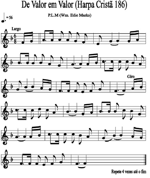 Partituras Harpa Cristã: De Valor em Valor (Harpa Cristã 186)