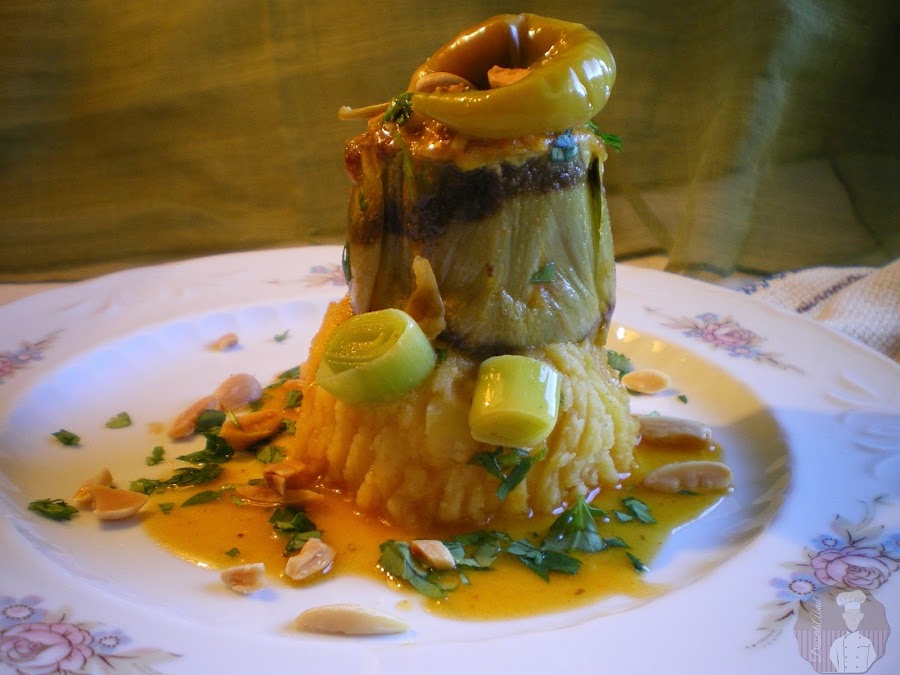 Guiso de alcachofas rellenas de chocos. Emplatado innovador