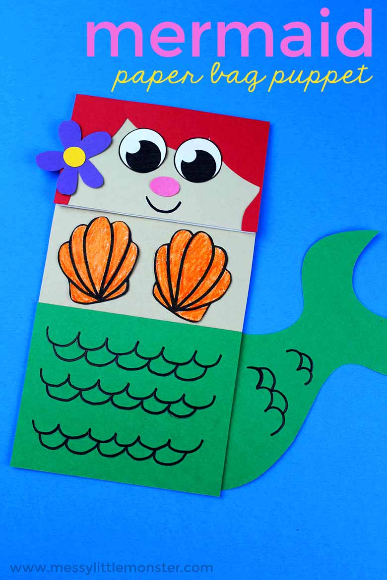 Mermaid Paper Bag Puppet – Under the Sea Theme Craft ideas for kids. Printable mermaid puppet template. Easy paper bag crafts for toddlers and preschoolers.