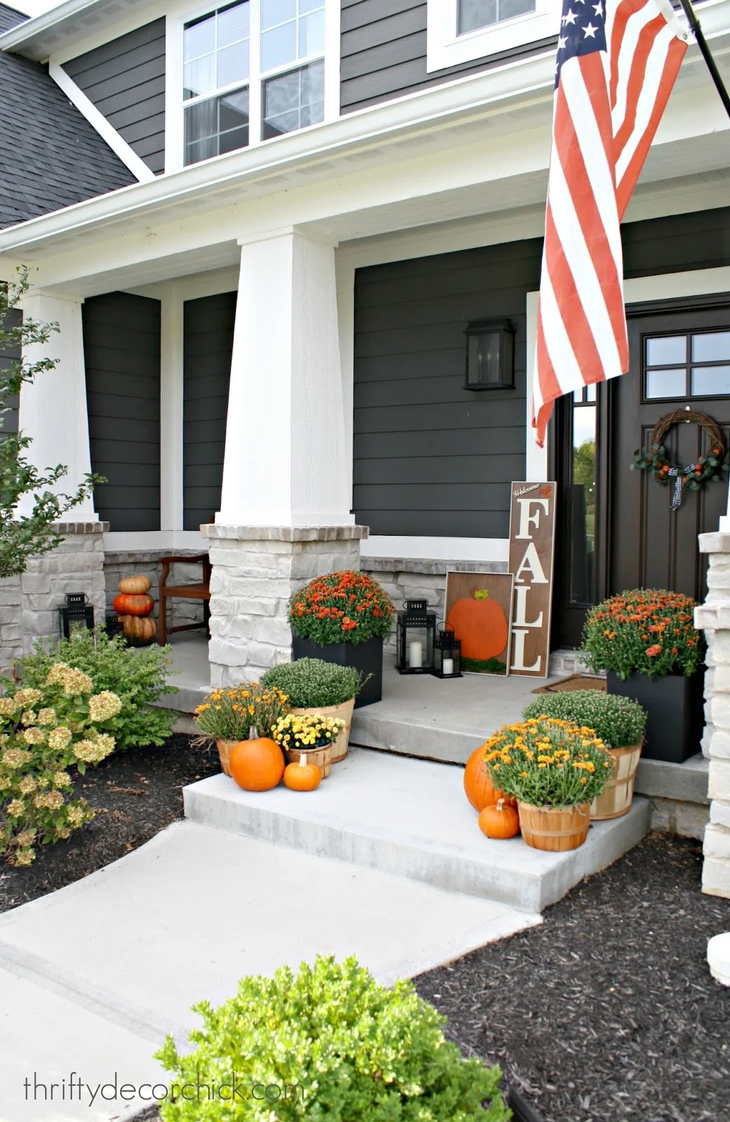 Modern Craftsman porch decorated for fall
