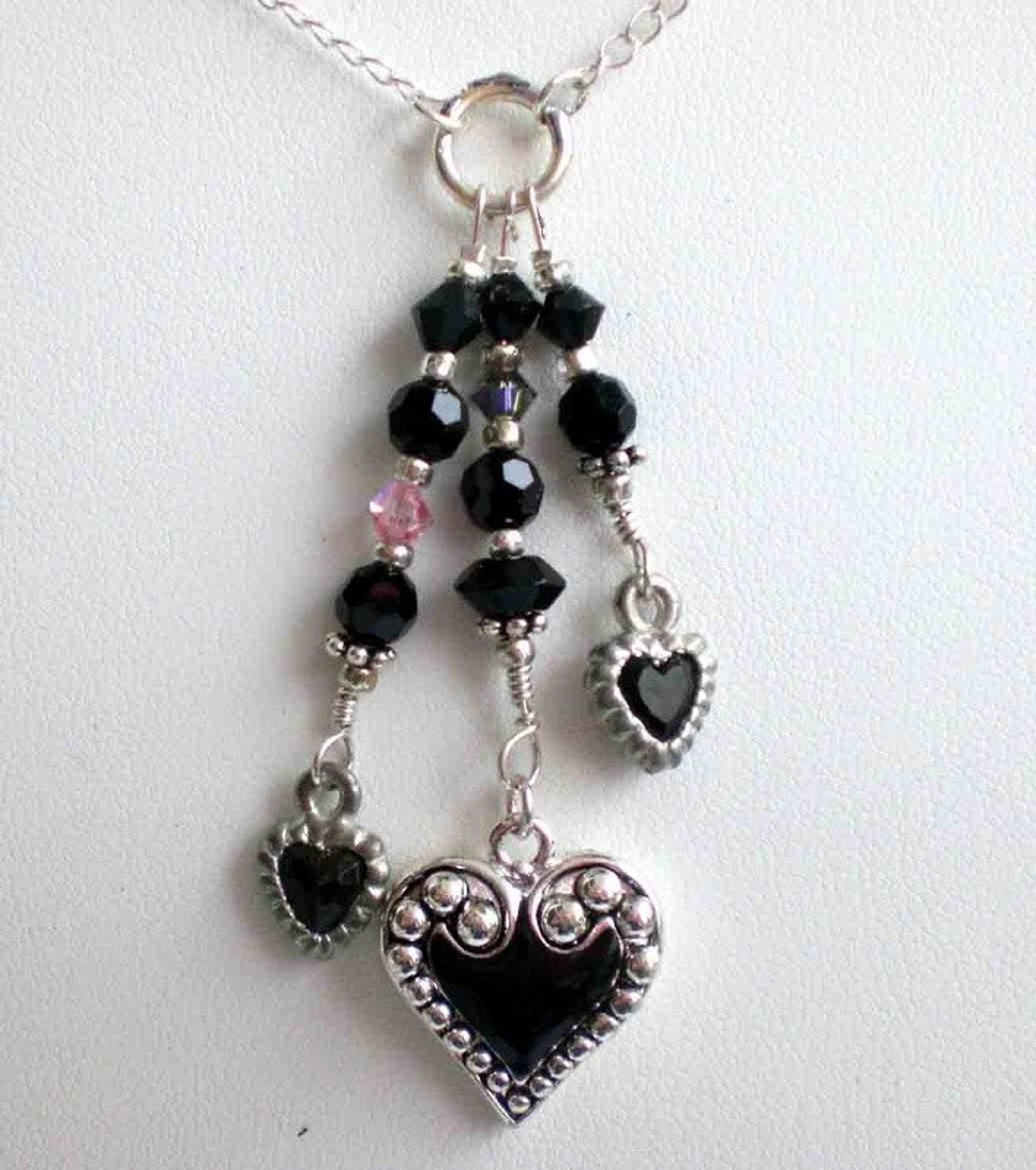 Black Hearts Necklace w Silver Filigree