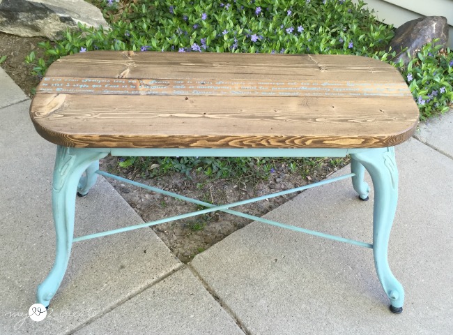 French Bench from Repurposed Barstool Legs, full picture tutorial at MyLove2Create