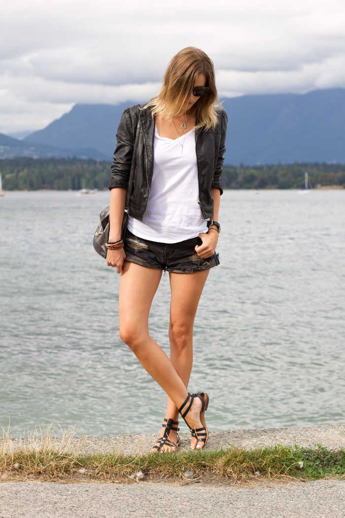 Vancouver Fashion Blogger, Alison Hutchinson, wearing a casual look consisting of a forever 21 leather jacket, Witchery white tee, One teaspoon Hawks short in black and dark blue, black gladiator sandals, Sass & Bide sunglasses, and tiffany, pyrrha and La Dama Necklaces