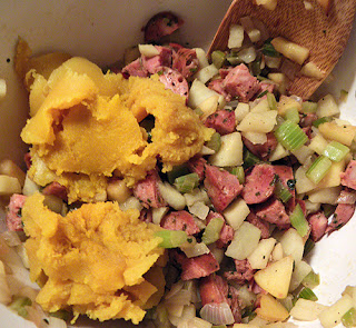Stuffing with Celery, Onion, Apple, Sausage, and added Squash