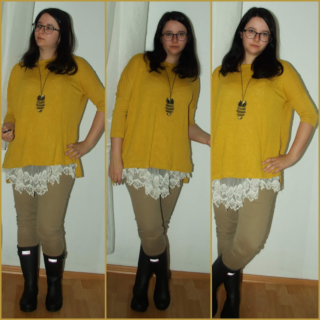 [Fashion] Let´s Have some Mustard senffarbener Pullover, Spitzentop und beige Hose