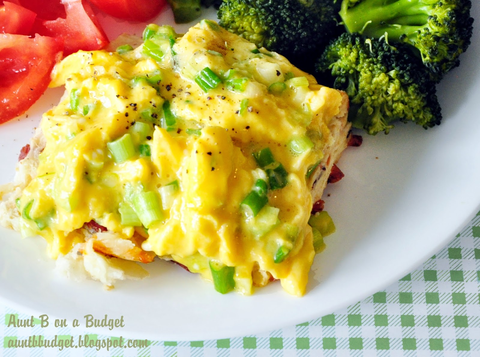 Aunt B on a Budget Scrambled Eggs With Green Onions On Bacon Cheddar