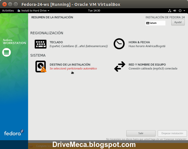 DriveMeca instalando Linux Fedora 24 Workstation paso a paso