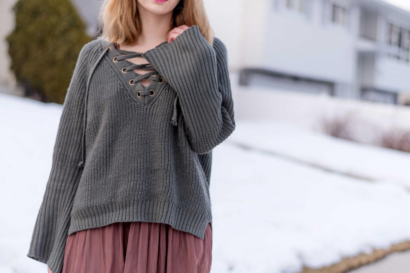 lace up sweater zaful review, lace up sweater, lace up top, over the knee boots, jbrand, aritzia dress, winter fashion, calgary fashion, how to layer