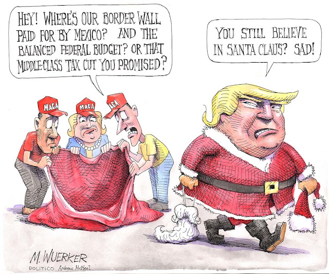 Red Hats looking into empty sack as Donald Trump as Santa Claus walks away.  Red Hat says, 