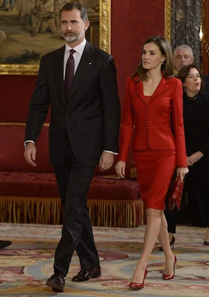 Queen Letizia of Spain attend 'Commemoration Of Cervantes Death' closing ceremony wore Felipe Varela skirtsuit, Carolina Herrera Animal Print Clutch Bag