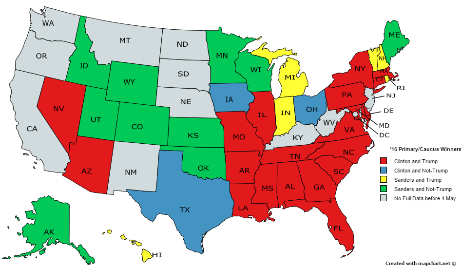 U.S. states by 2016 primary/caucus winners for Democrats & Republicans in one map