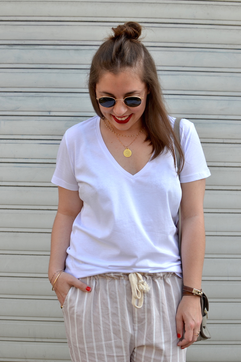 t-shirt blanc H&M, pantalon easyclothes, sac PS11, ray ban