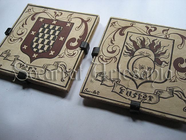 Socarrat heráldico Escudos de las famílias Vera y Fuster. Socarrat Artesanía.