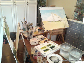 A view of my work area and the artwork in its beginning stages.