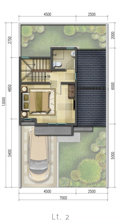 Denah rumah minimalis ukuran 7x13 meter 2 kamar tidur 2 lantai