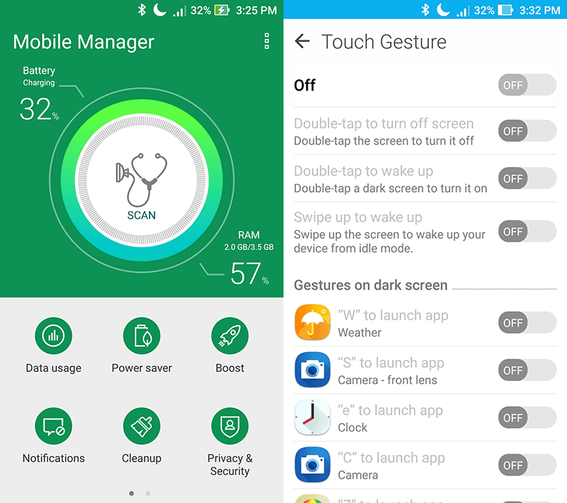 Mobile manager for tune-up and gestures for shortcuts