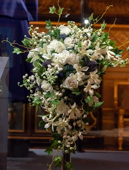 Princess Eugenie wore Zac Posen evening gown. Greville Emerald Kokoshnik Tiara, Peter Pilotto wedding dress