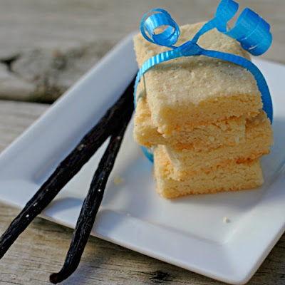 vanilla bean shortbread stacked and tied with a blue ribbon