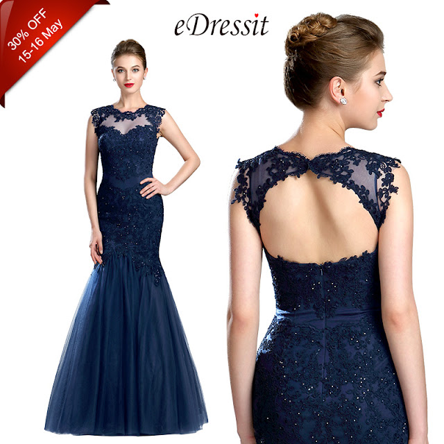 Sparkly Navy Blue Beaded Lace Prom Gown 