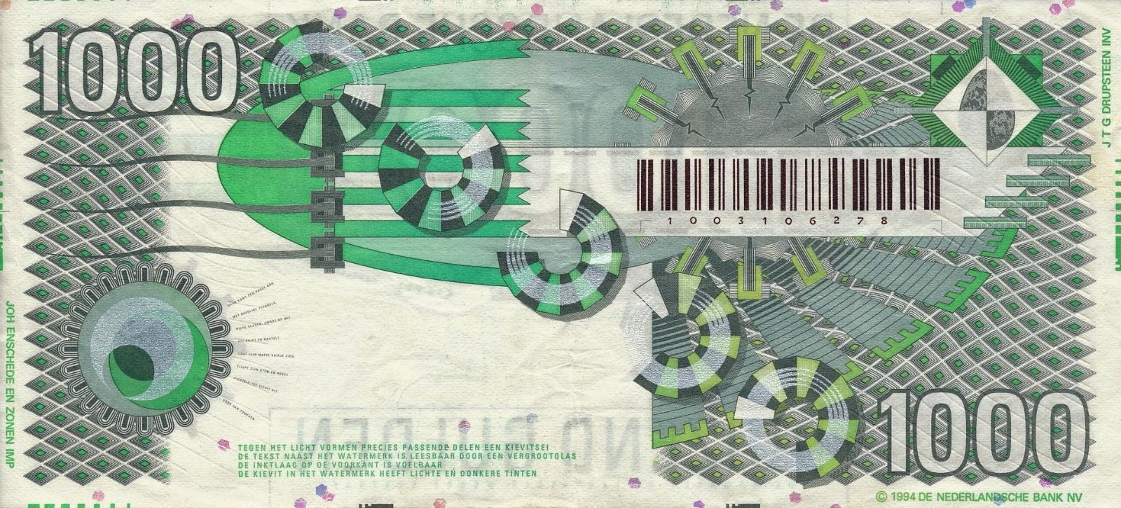 Netherlands Currency Money 1000 Gulden Banknote 1994