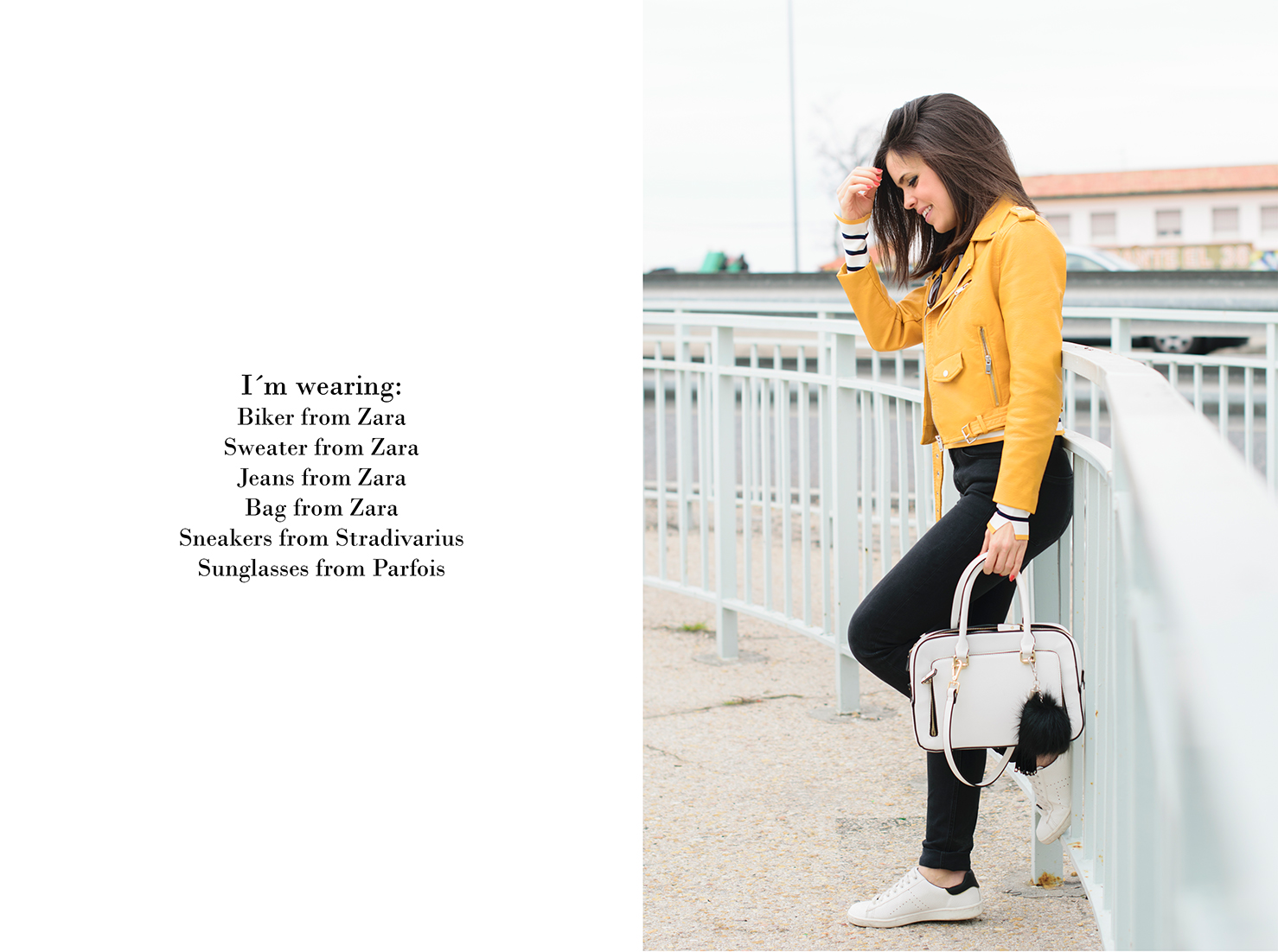 Look de estilo navy con biker amarilla de zara