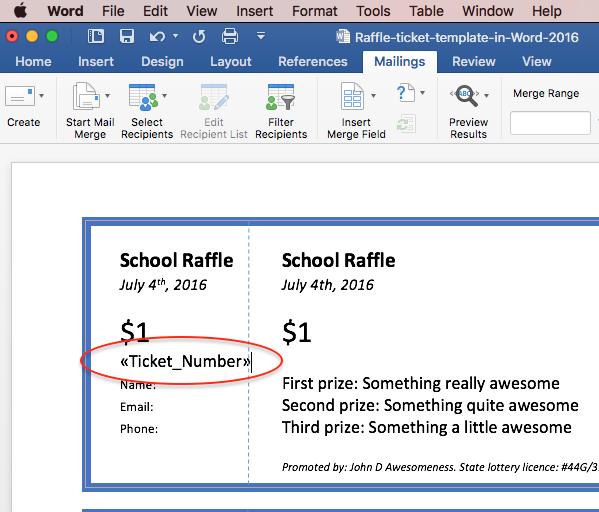 how to create numbered tickets in word