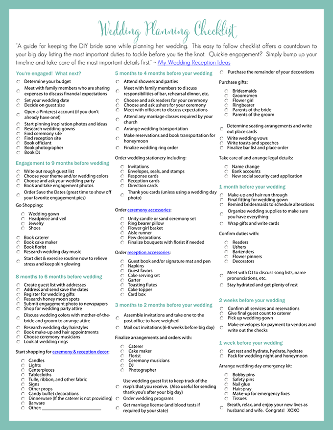Wedding Checklist Printable Pdf Free Download