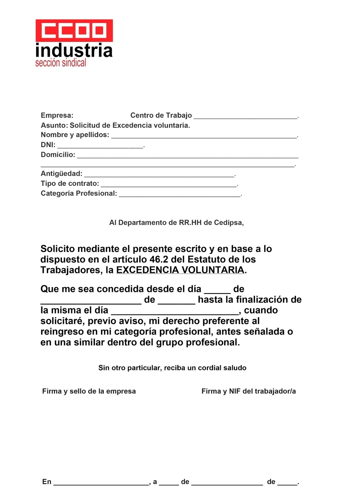 Modelo Carta Excedencia Por Cuidado De Hijos