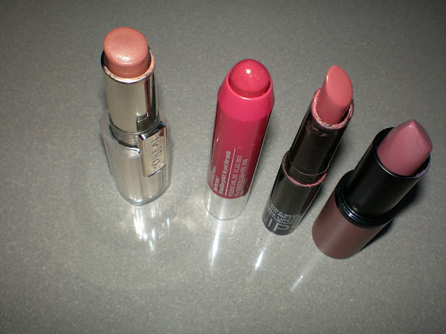 L'oreal Rouge Caresse Lipstick, Clinique Chubby stick,Korres Guava Lipstick and Essence Longlasting Lipstick